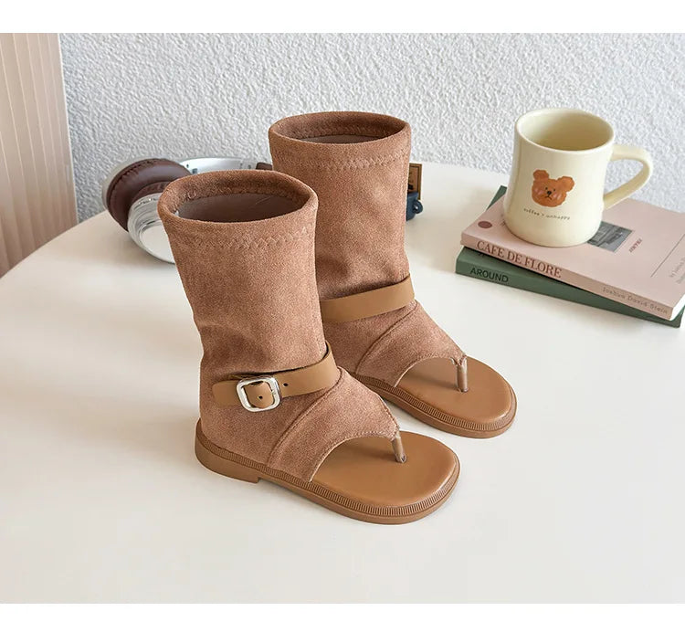 Summer Princess Long Pipe Boots Roman Sandals for Kids Girl Brand Design Ankle Strape Stretch-Satin Flip Flop Girls Shoes I06242