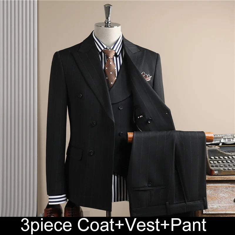 Man Outfit Turn Down Collar Long Sleeve Blazer Men Turn Down Collar Vest Straight-leg Pant Male Striped Slim 3-piece Suit Set