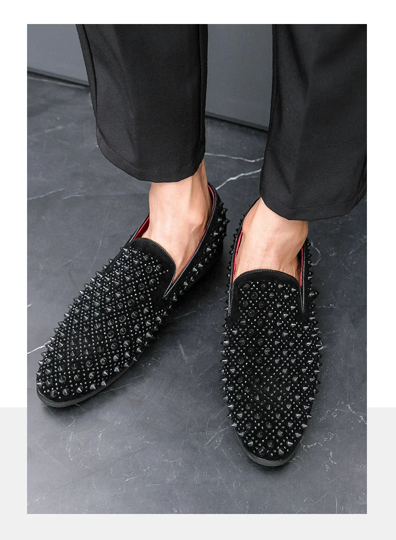 Hairdresser personality trend rivet hot diamond Loafers men's British vintage rhinestone shoe hipster leather shoes