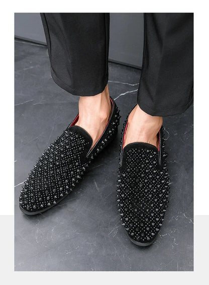Hairdresser personality trend rivet hot diamond Loafers men's British vintage rhinestone shoe hipster leather shoes