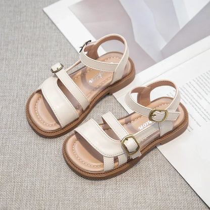 Girls Roman Sandals Open Toe Little Kids Leather Sandals with Buckle Open Toe Children Summer Beach Shoes Non-Slip Soft Sole