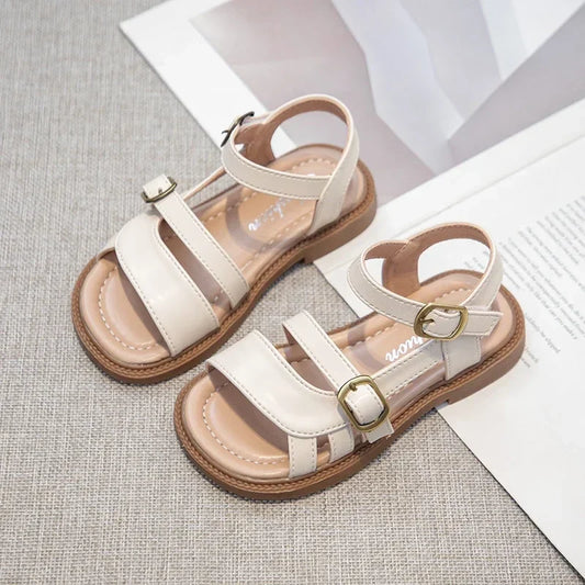 Girls Roman Sandals Open Toe Little Kids Leather Sandals with Buckle Open Toe Children Summer Beach Shoes Non-Slip Soft Sole