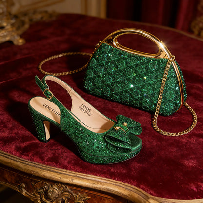 Elegant Italian Women's Party Shoe and Bag Set – Chic Champagne Rhinestone Peep-Toe High Heel Sandals Perfect for Weddings