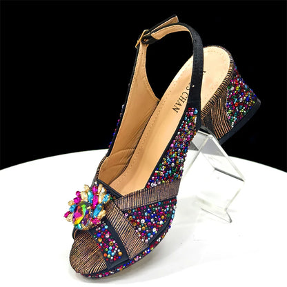 Elegant Gold Peep-Toe Heels with Diamond Accents - Italian Matching Pumps and Bag Set for Parties