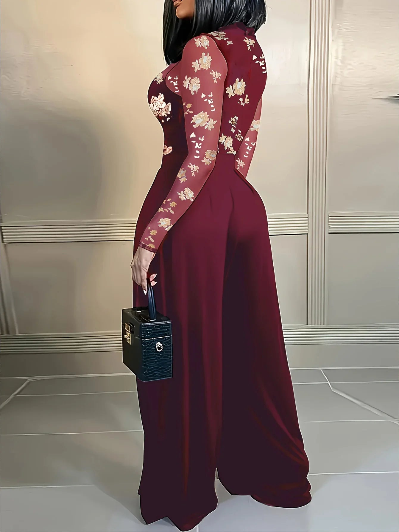 Women's Black Jumpsuit with Sheer Floral Embroidered Top Wide Leg Design Ideal for Evening Galas Cocktail Parties Formal Events