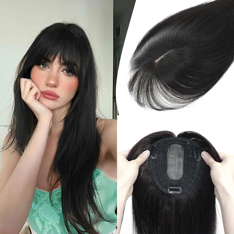12x13cm Human Hair Toppers with Bangs Black Brown Clip in Hair Toupee for Women Skin Scalp Clip in Remy Hair Pieces