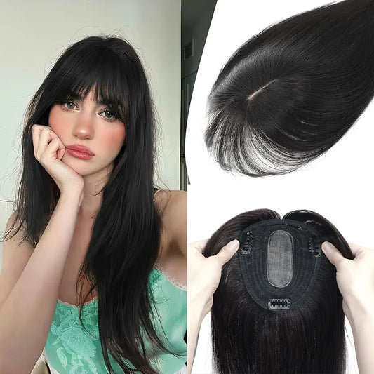 12x13cm Human Hair Toppers with Bangs Black Brown Clip in Hair Toupee for Women Skin Scalp Clip in Remy Hair Pieces