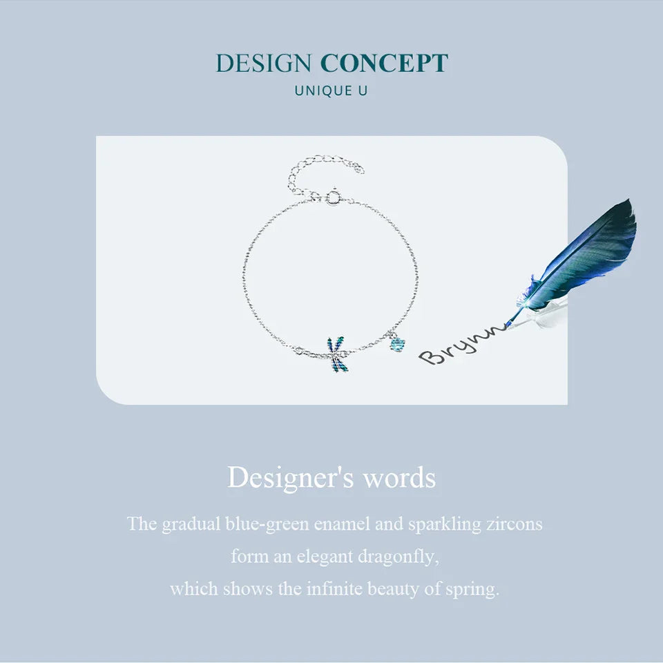 925 Sterling Silver Green and Blue Enamel Dragonfly Bracelet Insect Chain Link for Women Pave Setting CZ Fine Jewelry