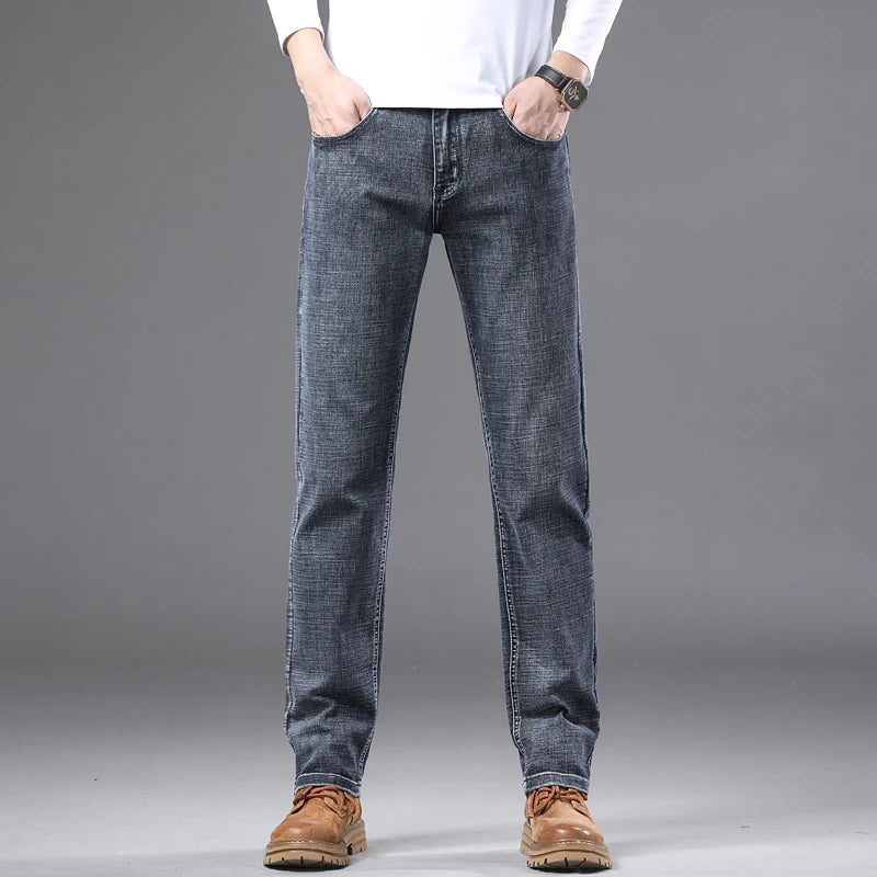 Fashion Light Blue Slim Straight Jeans Men's Spring autumn Elastic Comfortable Denim Pants Korean Casual Business Trousers