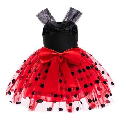 Girl Polka Dot Princess Dress Ladybug Dress Up Fur Ball Headband Black and Red Dress Halloween Cosplay costume Carnival Clothes