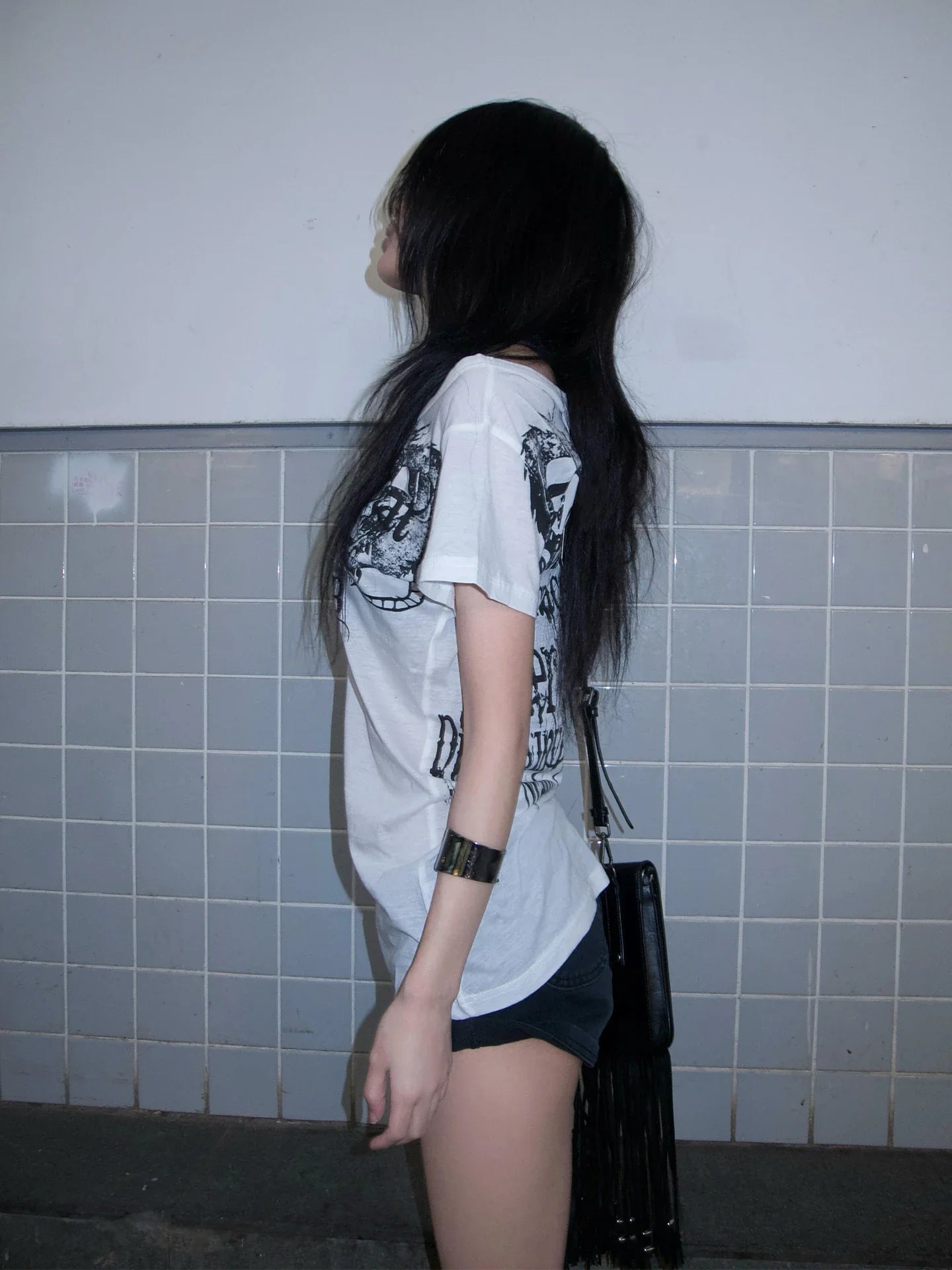 Japanese Y2k Letter Print T-shirt Trashy 2000s Style Tattoo T Shirt Vintage Harajuku Short Sleeve Sheer Tops Grunge Goth