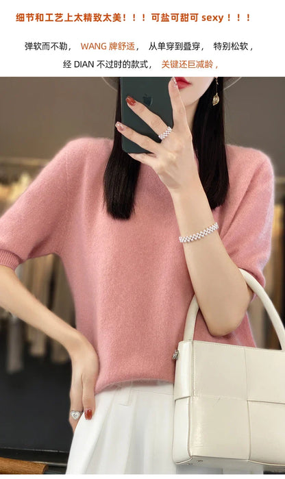 100% pure wool T-shirt spring and summer new women's O-neck pullover short sleeve loose five-sleeve sweater high-end top