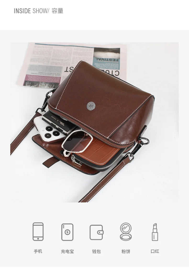 Women's Small Phone Bag Fashionable Oil Wax Cowhide Leather Handbag Versatile and Simple Shoulder Bag High Quality Crossbody Bag