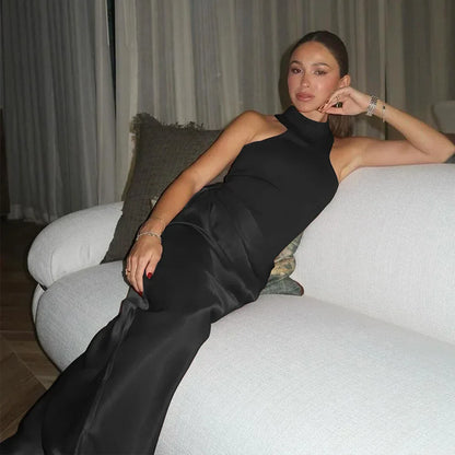 Satin Sexy Hollow Out Women Maxi Dress Black Sleeveless High Waist Dress Female Autumn Skinny Elegant Party Clubwear