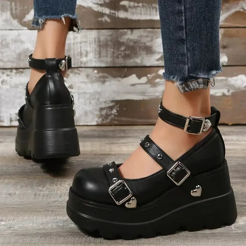 Sapato Feminino Mary Jane Salto Super Alto Plataforma Anabela Sandália Feminina Primavera Fivela Clássica Doce Punk Sapatos Femininos Lolita