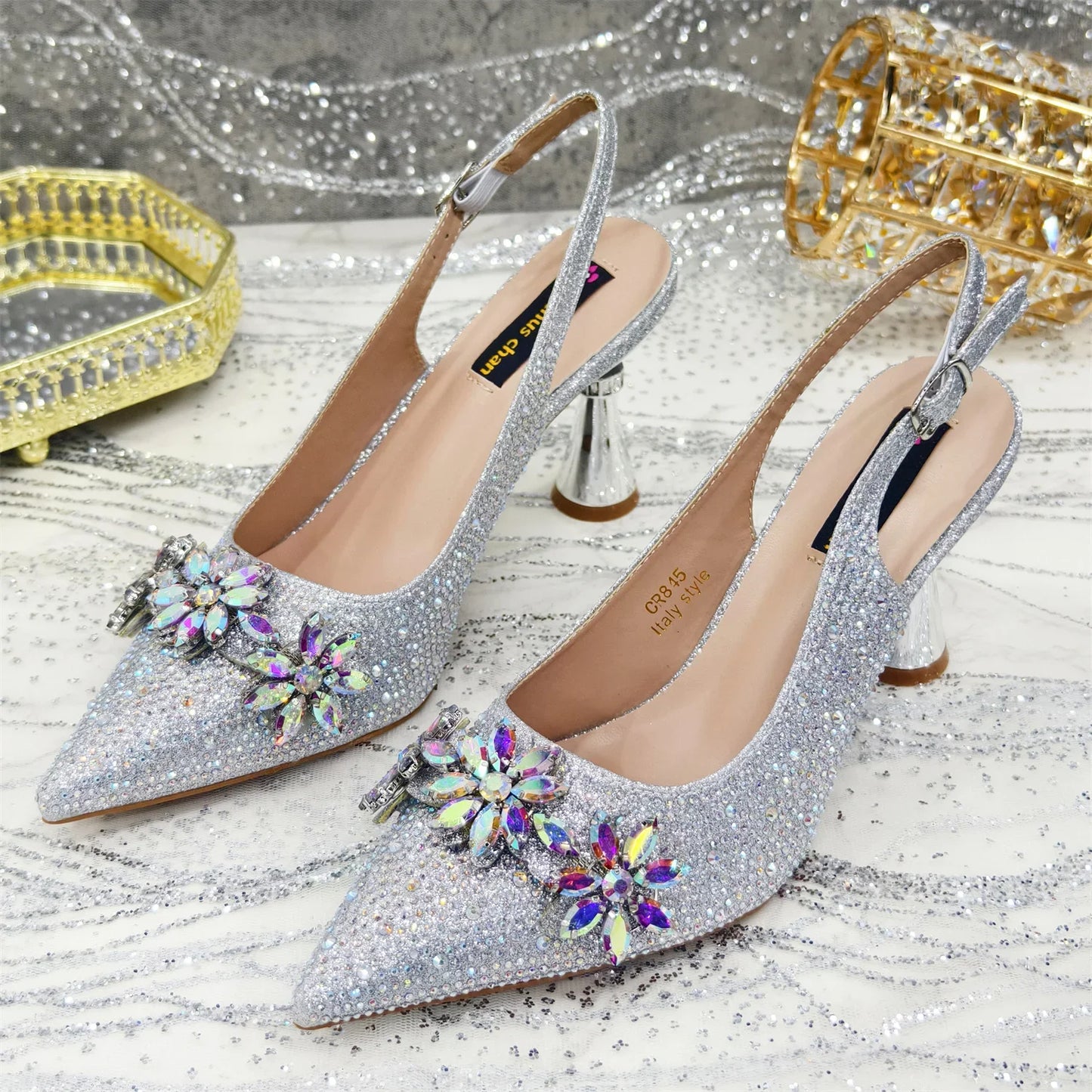 Pointed Toe High Heels Shoes and Bags Set With Rhinestone for Women Wedding Party Elegant Luxury Fashion in Sky Blue
