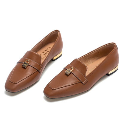 Women's Leather Loafers with Gold Lock Detail Square Toe Low Heel Penny Casual Office Slip-On Dress Shoes for Woman