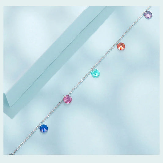 925 Sterling Silver Colorful Round Zircons Chain Bracelet Adjustable Link Chain with Rainbow Beads for Women Wrist Decor