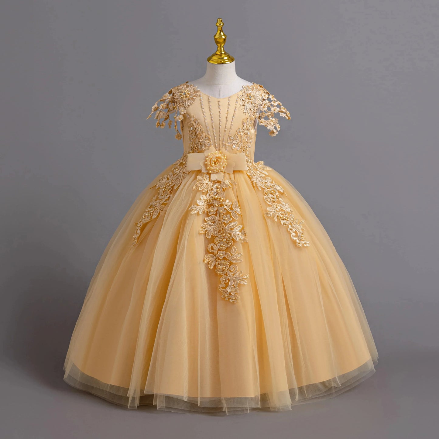 Lace up Tulle Flower Girl Dress Chest with flowers First Communion Ball Gown Wedding Party Bridesmaid Dress Kids 12Y