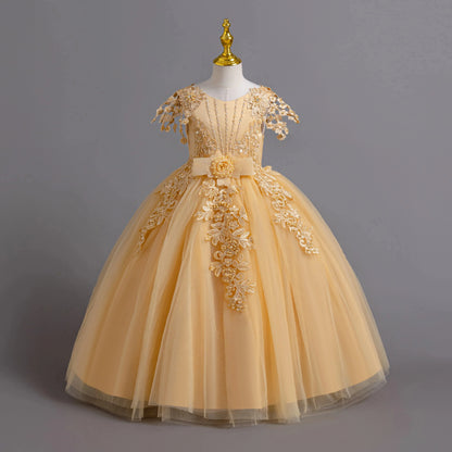 Lace up Tulle Flower Girl Dress Chest with flowers First Communion Ball Gown Wedding Party Bridesmaid Dress Kids 12Y