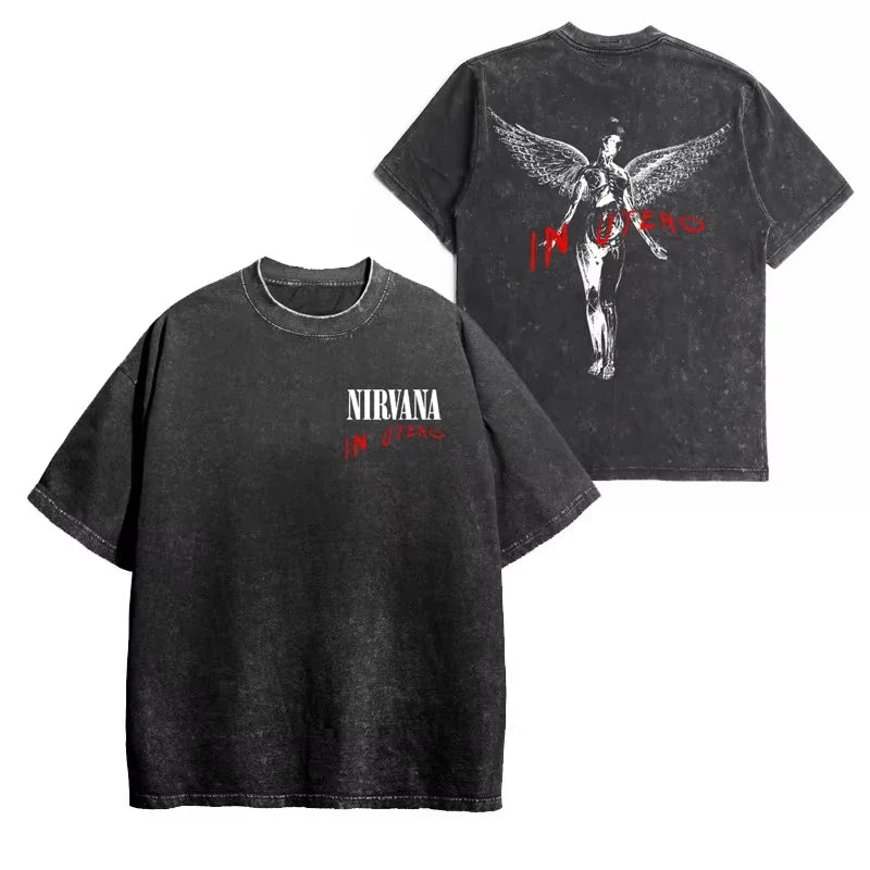 Nirvana rock band men's Retro cotton Washed Tee In Utero album man Women's oversized Y2K distress Tshirt Casual Loose streetwear