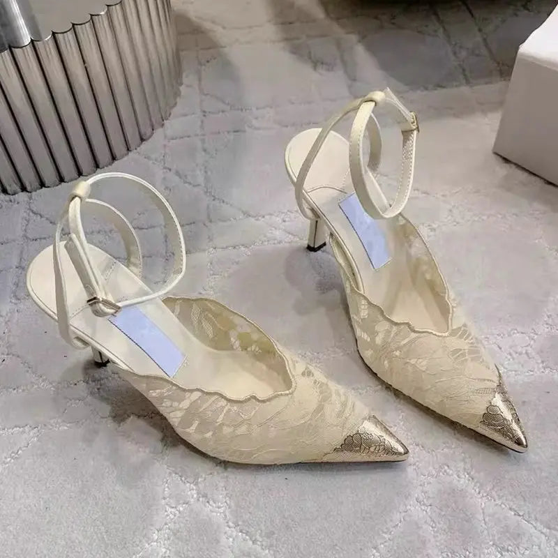 Fashion Lace Sequin Hollow Out Mesh Women Pumps Sexy Pointed Toe Designer Low Heels Slingback Sandals Ladies Shoes
