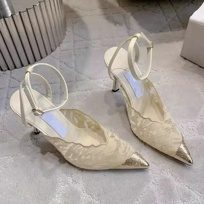 Fashion Lace Sequin Hollow Out Mesh Women Pumps Sexy Pointed Toe Designer Low Heels Slingback Sandals Ladies Shoes
