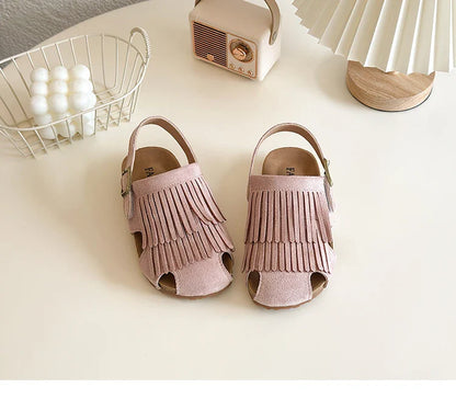 2025 Summer New Girls' Sandals Korean Style Tassel Princess Shoes Frosted Leather Hollow Sandals Comfortable 23-31