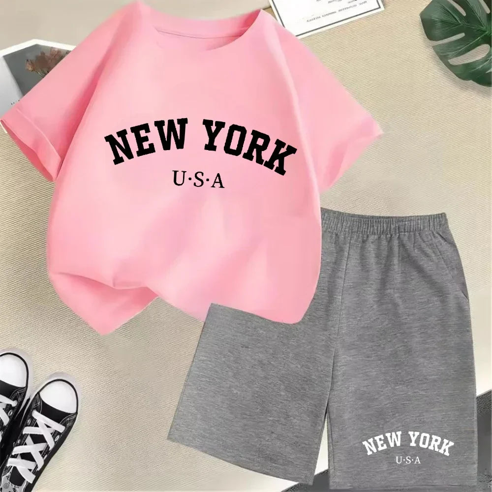 Summer Short Sleeve New York USA Letter Graphic Kid Tshirt +shorts 2pcs Set Baby Boy Girl Clothes Sport Cotton Children Outfit