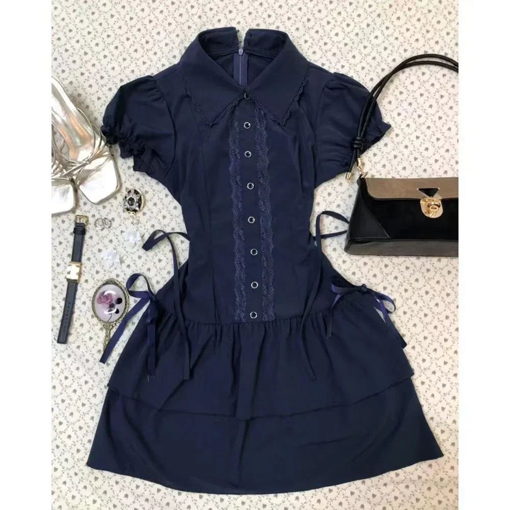 Summer French Elegant Bow Dress Women Gothic Black Vintage Mini Dress Sweet Fashion Off Shoulder Slim Fit Chic Party Outfits New