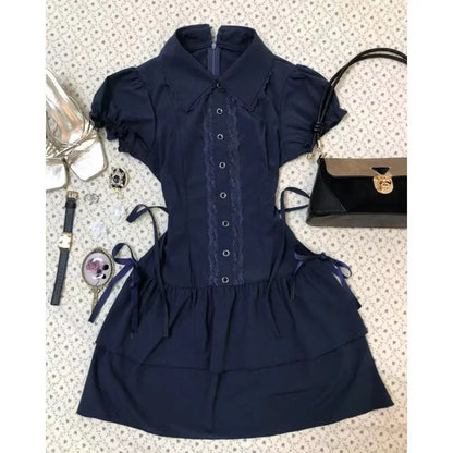 Summer French Elegant Bow Dress Women Gothic Black Vintage Mini Dress Sweet Fashion Off Shoulder Slim Fit Chic Party Outfits New