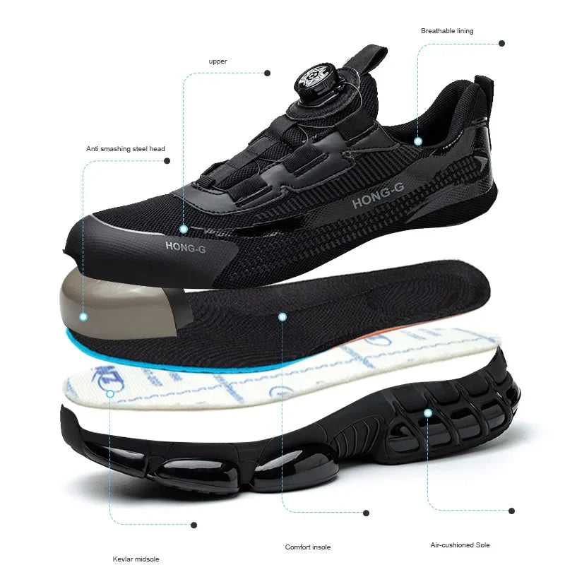Steel Toe Indestructible Shoes Protective Boots Rotating Button Work Safety Shoes Men Air Cushion Security Boots Work Sneakers