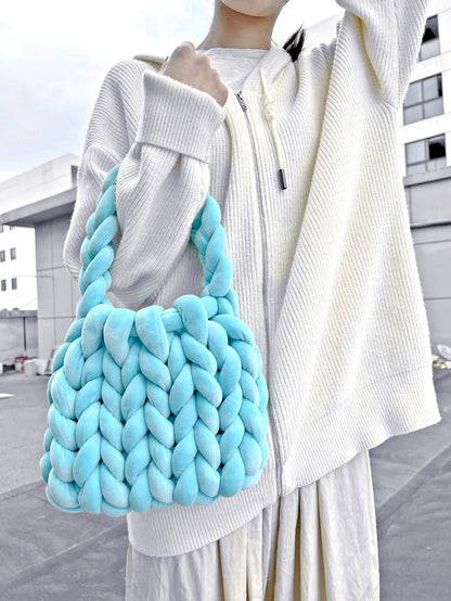 Velvet Bag DIY Hand Woven Bag Crystal Velvet Core Spun Yarn Woven Bag Hand-held Mailman Bag Velvet Handbag New