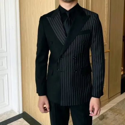 2pcs Men's Suits Blazer Autumn Striped Men Blazer Fashion Double  Jacket Coats Casual Business Tuxedo Costume