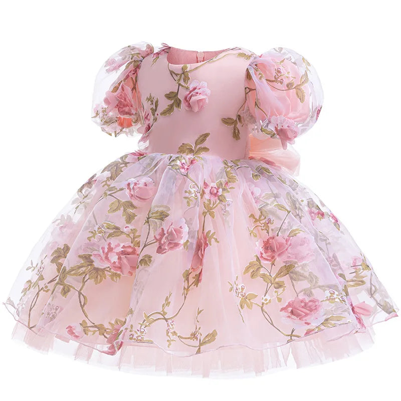 Girls 3D Rose Bubble Sleeves Princess Dress New Children's Fashion Lace Dress Carnival Birthday Party Performance Clothing