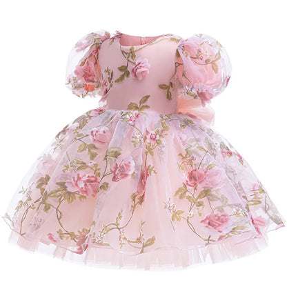 Girls 3D Rose Bubble Sleeves Princess Dress New Children's Fashion Lace Dress Carnival Birthday Party Performance Clothing