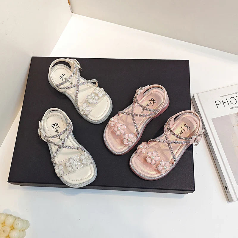 Girls Princess Sandals Children Summer Beach Shoes Soft Bottom Anti-slippery Fashion Kids Flowers Rhinestone Sandals Size 23-36