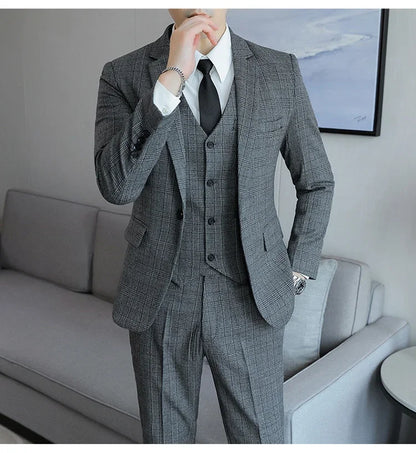 Hemp (blazer+Vest+Pants) Fashion Business Leisure Hosts Slim-fit Cotton Hemp Gentleman Wedding Work Wedding Suits for Men M-5XL