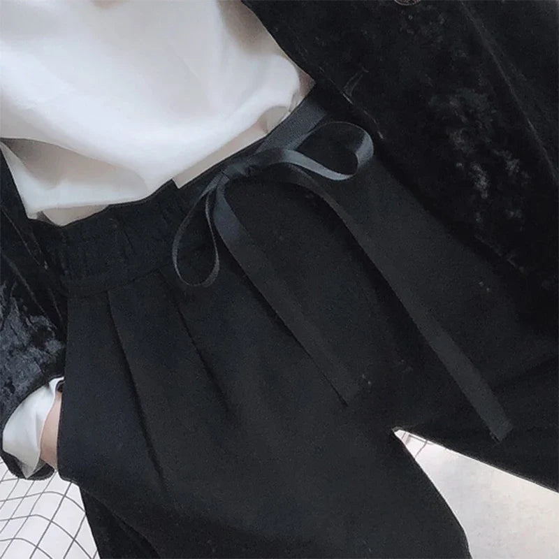 Women Long Pants 100% Mulberry Silk Belted Waist Trousers With Pockets Black Color Office Lady M0609