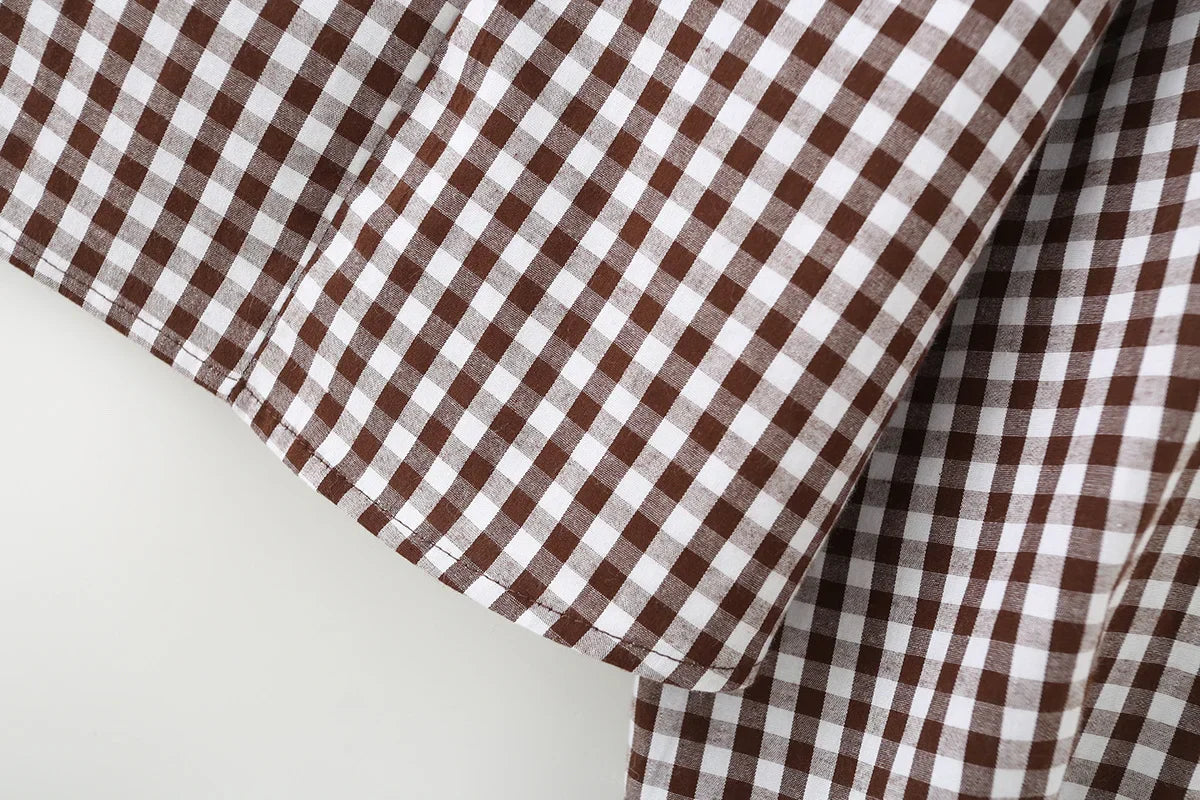 Women's Cotton Gingham Cropped Ruffle Tie Neck Blouse Spring Autumn 2026 Chic Modern Long Sleeve Shirt Tops for Woman