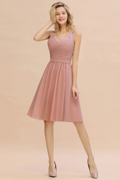 Dusty Rose Chiffon Lace Bridesmaid Dresses Pleat V Neck Short Formal Wedding Evening Party Prom Gown For Bride Cocktail Vestidos