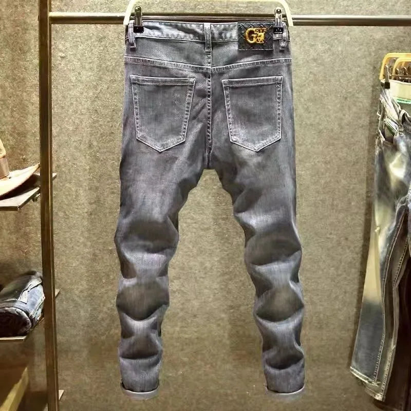 Spring and Autumn New Fashion Trend Print Retro Straight Leg Sports Denim Pants Men's Casual Slim Breathable High-Quality Jeans