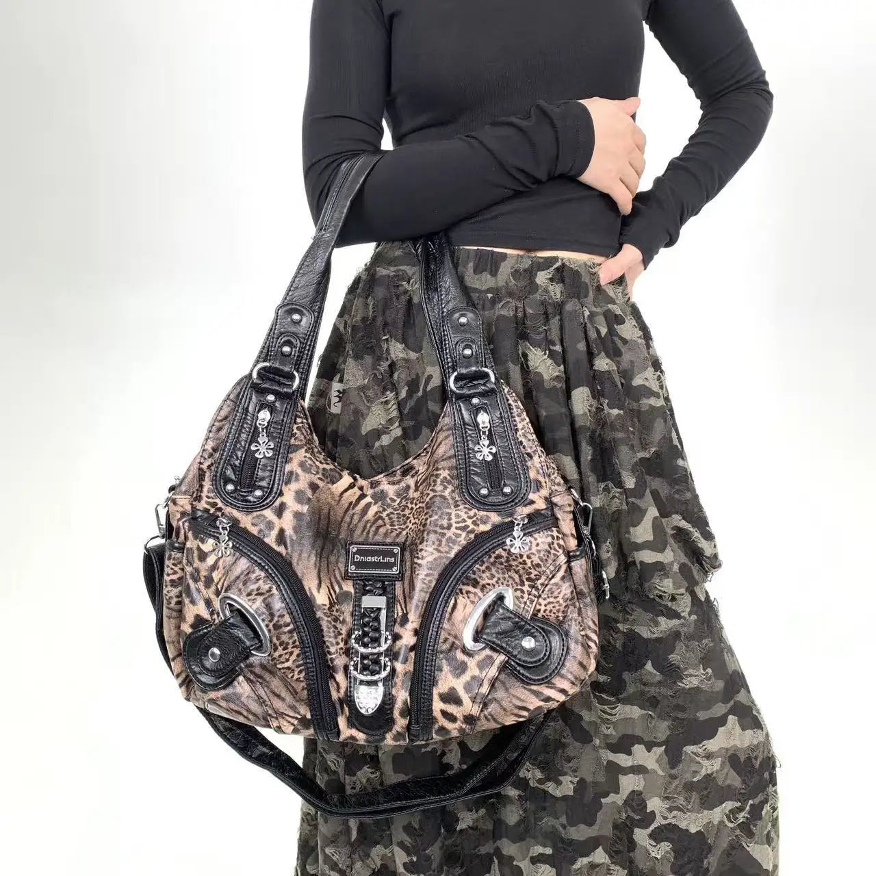 Y2K vintage hot girl personality leopard print shoulder bag with multiple compartments, Maillard crossbody handbag