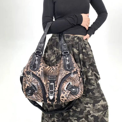Y2K vintage hot girl personality leopard print shoulder bag with multiple compartments, Maillard crossbody handbag