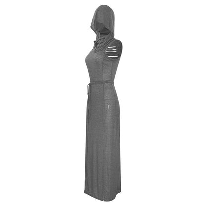 European And American Style Sleeveless Hooded Dress Long Split Hollow out Pure Color Women's Gown
