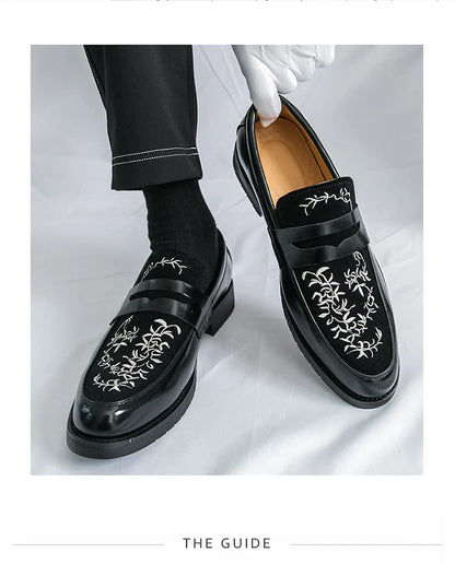 Green Embroidered Man Formal Shoes Autumn Men's Loafers Shoes High Quality Casual Leather Shoes for Men chaussure hommes cuir