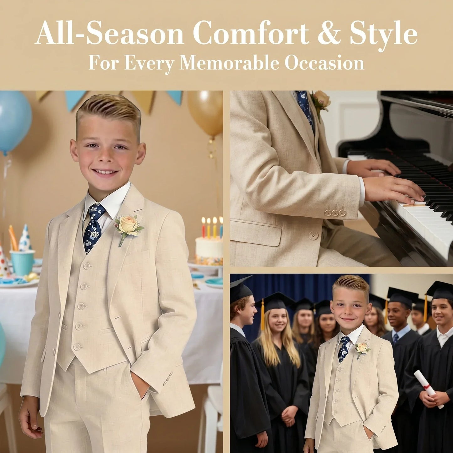 Four Pieces Linen Suit Set for Children 3-14 Years Old, Summer Beach Wedding Guest Tuxedo Jacket Vest Pants Tie Luxury Set