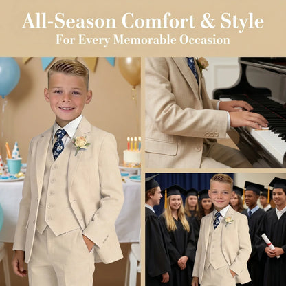 Boys 4 Piece Formal Suit Set with Vest Tie Boutonniere for Wedding Ring Bearer Prom Ceremony Party Celebration Family Gathering