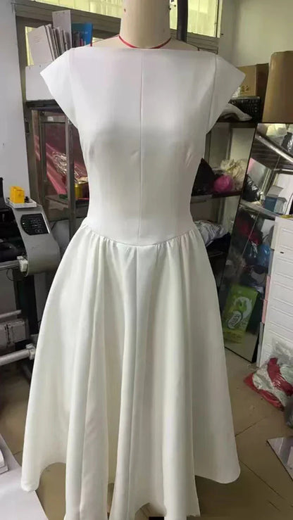 Women Circle Cut Out Back Dress Wide Shoulders and Fitted Waist Prom Dress Fluffy Hem Midi Wedding Party Dresses