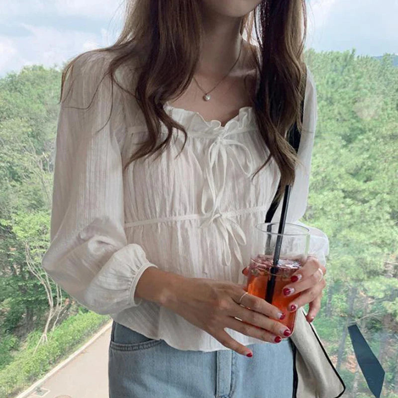 Fashoin New Vintage Loose White Blouse Women Casual Long Sleeve Ruffled Shirt Tops Fashion Square Collar Solid Lady Shirts 11700